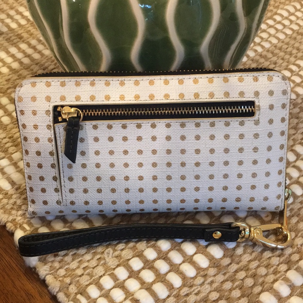 FOSSIL Zip Around Wallet / Wristlet, White/Gold Polka Dots - Picture 2 of 11